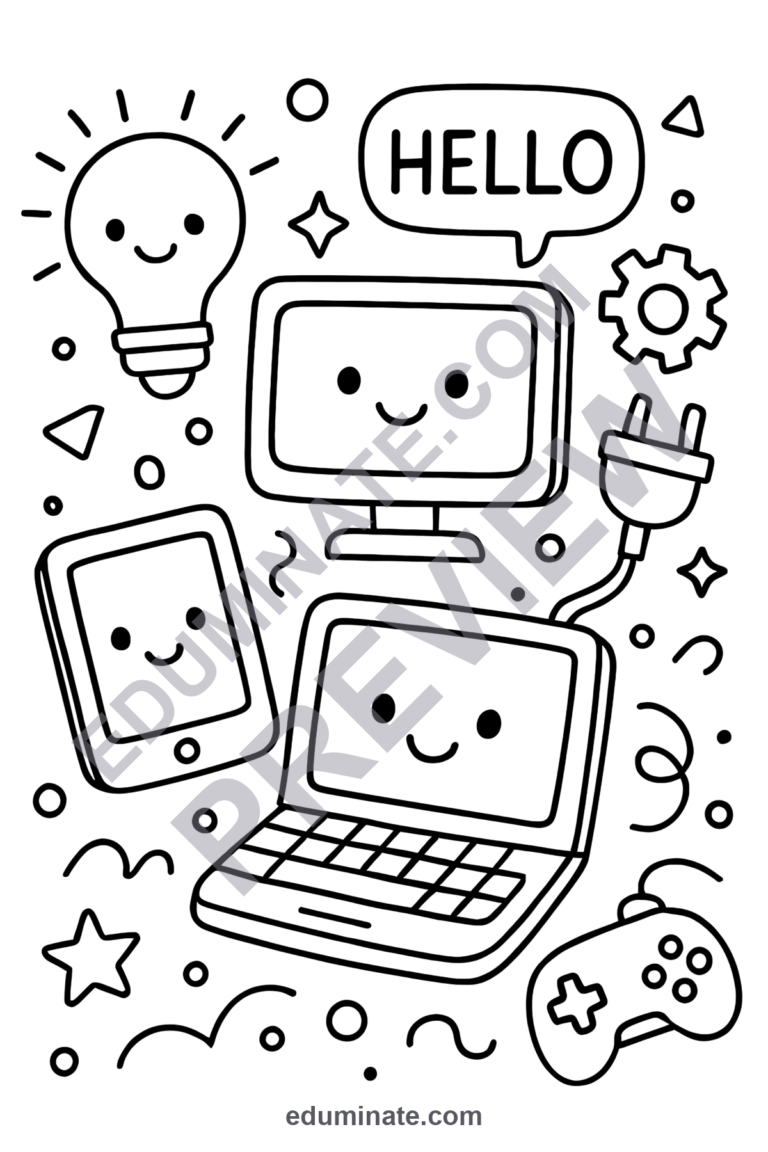 Simple Technology Coloring Pages Early Computer Lab Activity Pack for Kids sample page 6