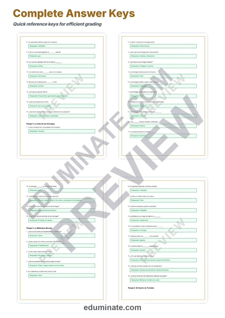 Spanish Reading Comprehension Passages Grades 1-5 Worksheets and Activities sample page 6