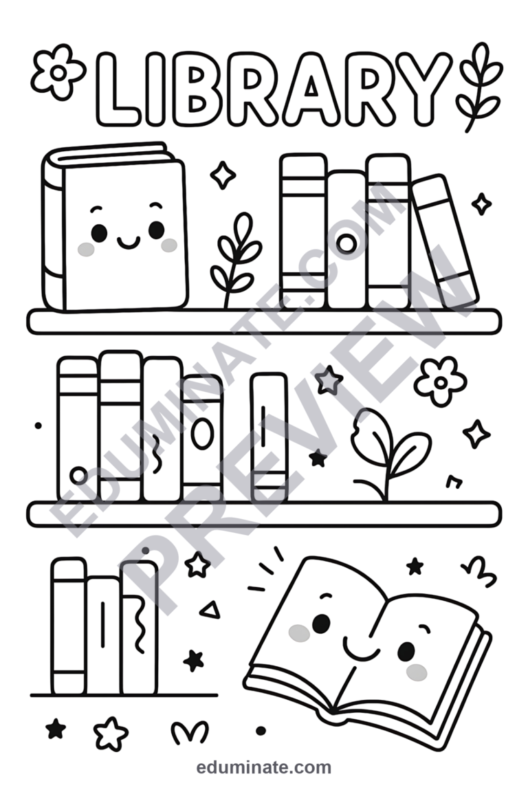 School Library Coloring Pages Book Week Art Activity Sheets Pack for Kids sample page 6