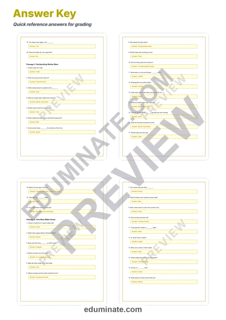 Bees Reading Comprehension Passages And Questions Science Worksheets Packet sample page 6