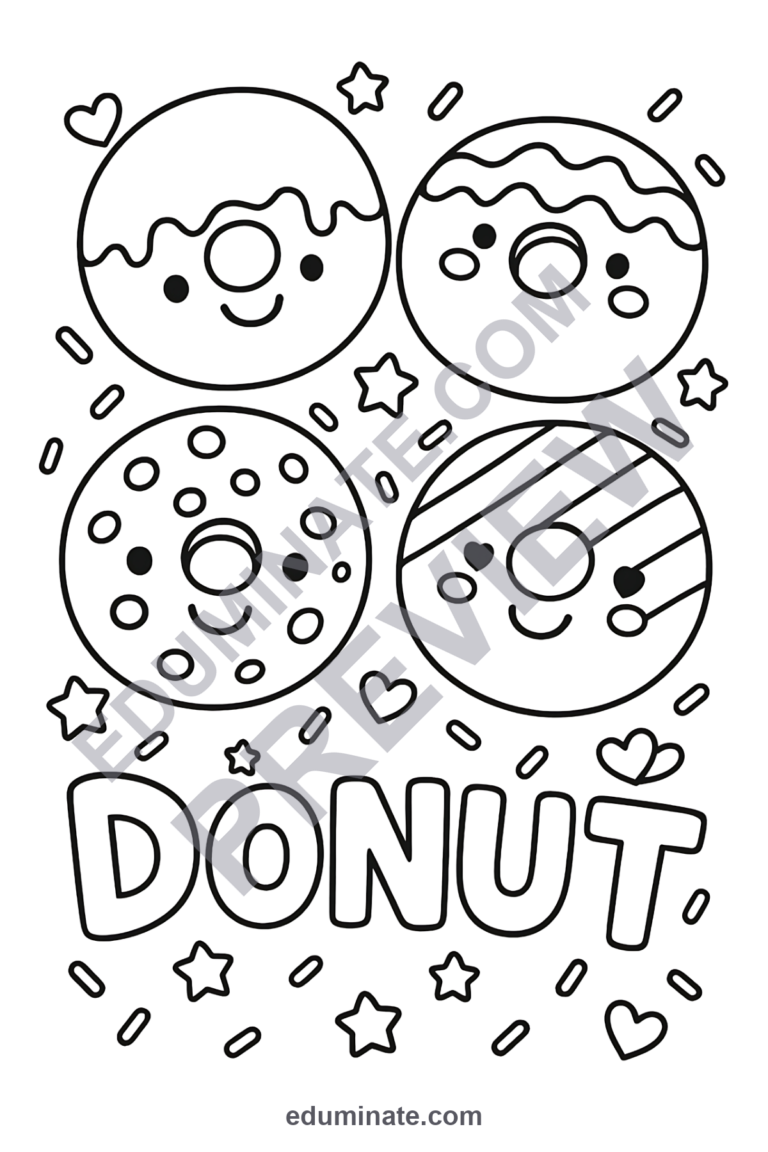 Donut Coloring Pages | Sweet Treats Bakery Food Art Activity Sheets for Kids sample page 6