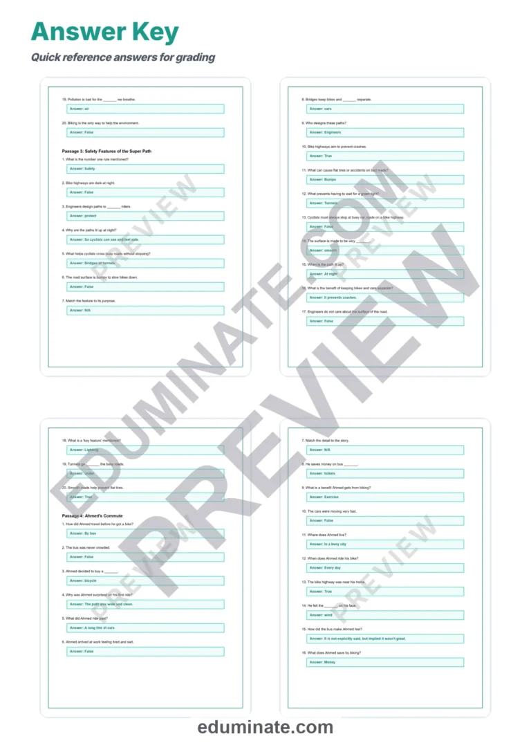 Bike Highways Reading Comprehension Passages And Questions Worksheets Packet sample page 6