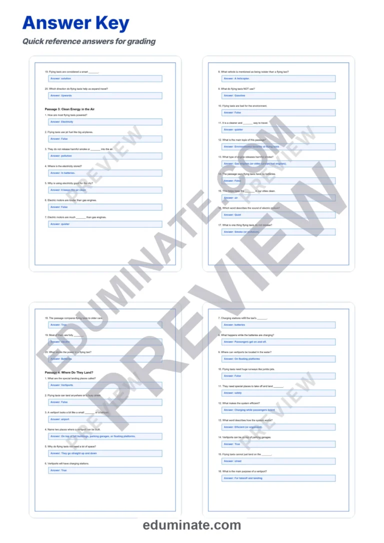 Flying Taxis Reading Comprehension Passages And Questions Worksheets Packet sample page 6