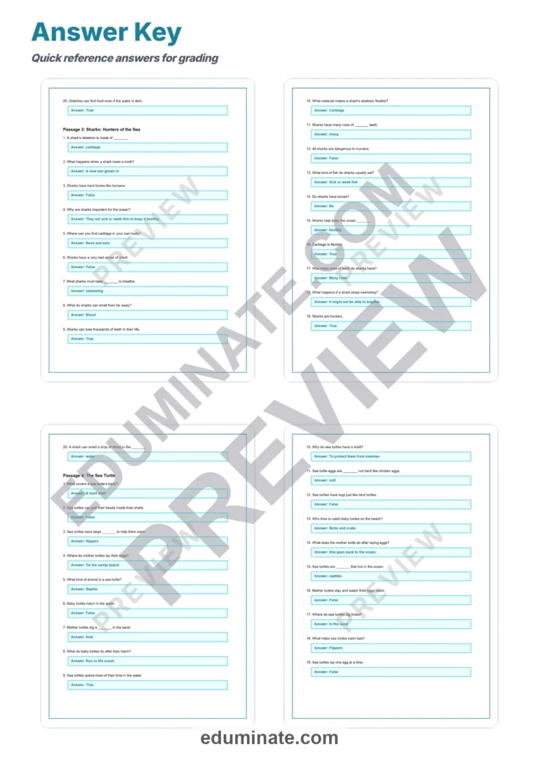 Ocean Animals Reading Comprehension Passages And Questions Printable Pack sample page 6