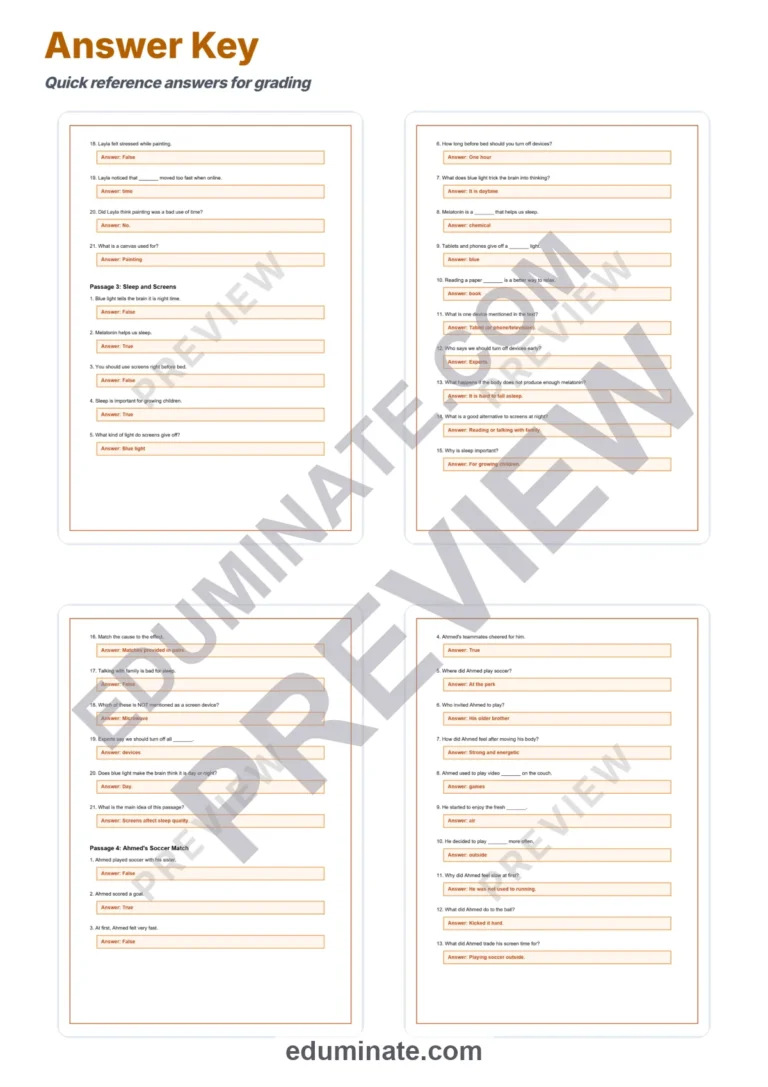 Screen Time Reading Comprehension Passages and Healthy Habits Worksheet Set sample page 6