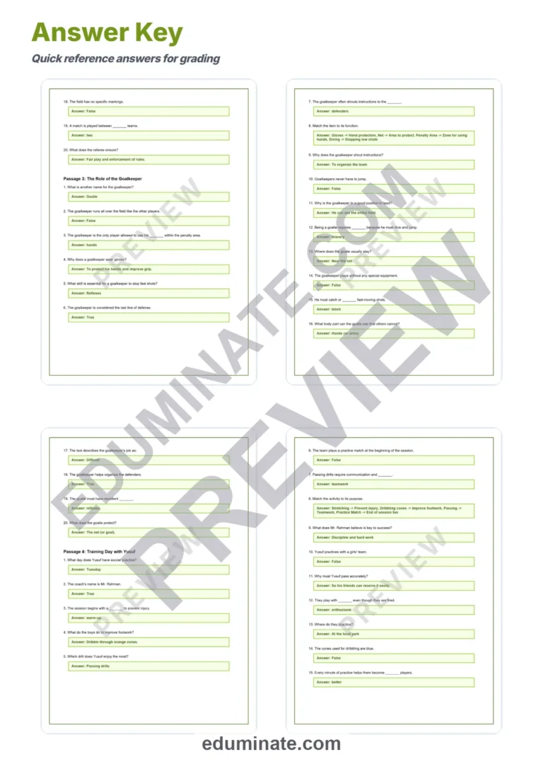 Soccer Reading Comprehension Passages and Sports Activities Worksheets Set sample page 6