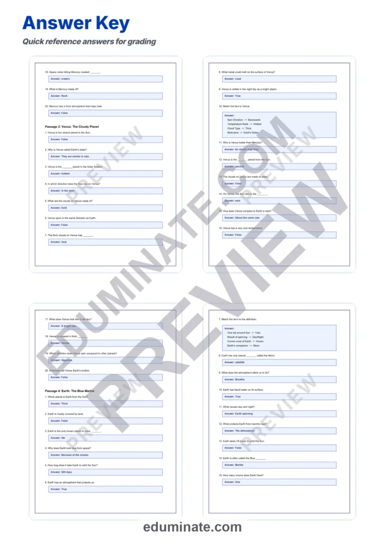 Space and Planets Reading Comprehension Passages and Solar System Worksheets sample page 6