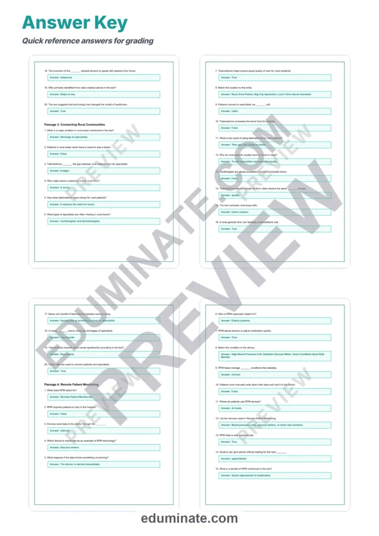 Telemedicine Reading Comprehension Passages and Digital Healthcare Worksheets sample page 6