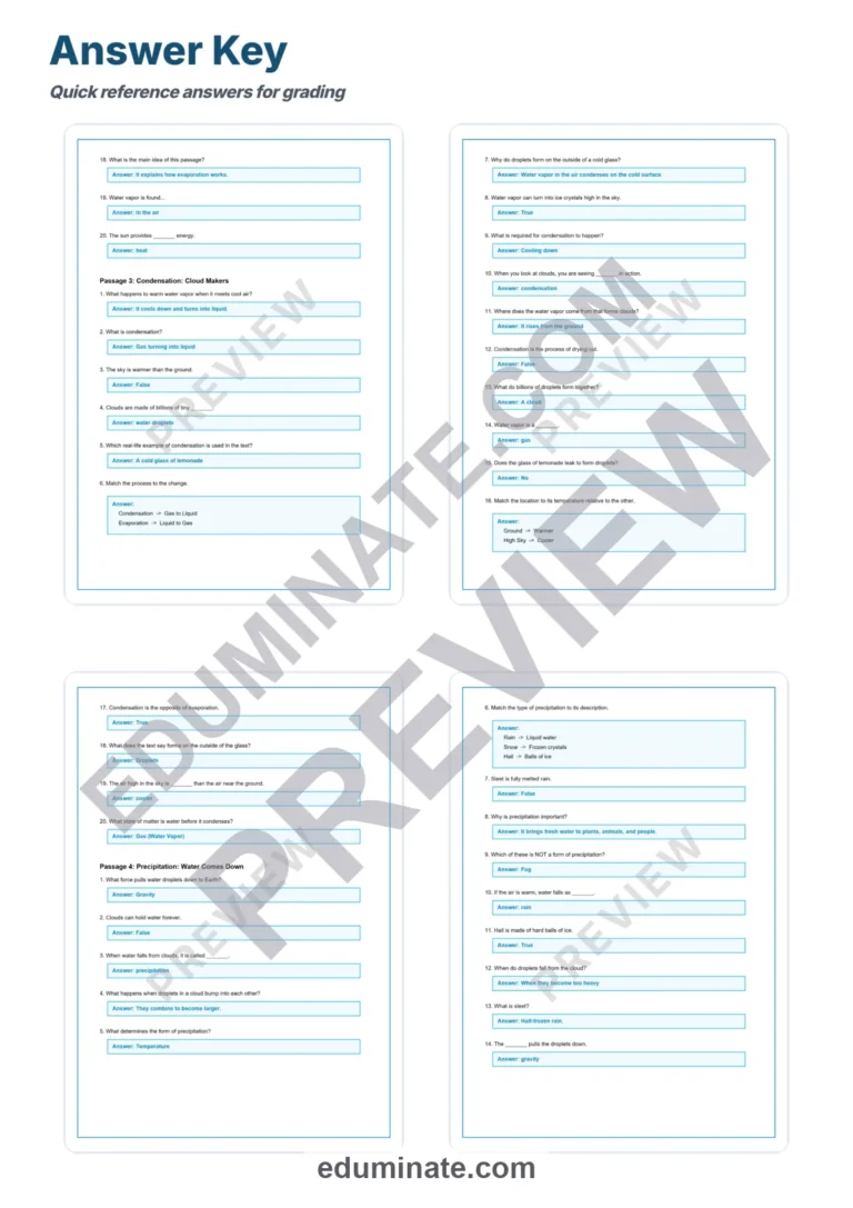 Water Cycle Reading Comprehension Passages and Worksheets for Classroom Study sample page 6