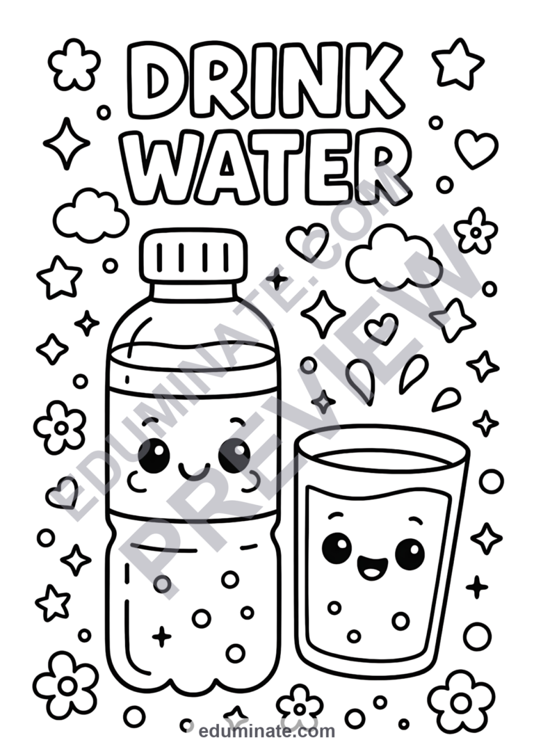 Water Bottle Coloring Pages | Healthy Hydration Drink Art Sheets for Kids sample page 6