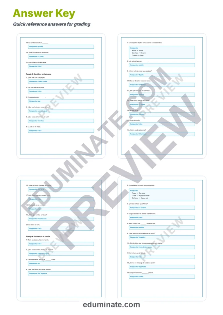 Spanish Reading Worksheets – Spanish Summer Reading Passages and Questions sample page 6