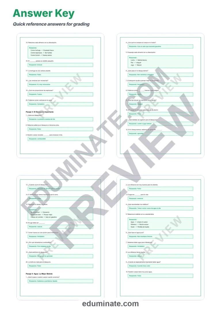 Spanish Healthy Food Reading Passages – Questions and Answer Key Grades 2-6 sample page 6
