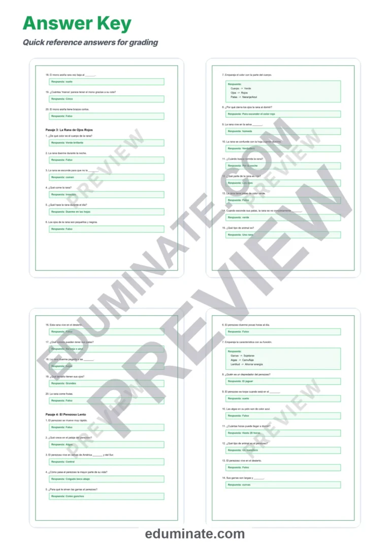 Spanish Animals Worksheets – Reading Passages with Questions and Answer Key sample page 6