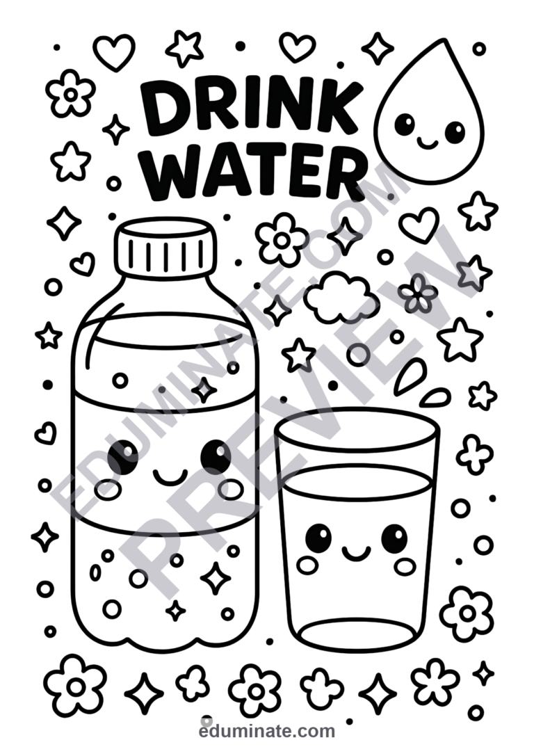 Water Coloring Pages | Healthy Drinking Habits Art Activity Sheets for Kids sample page 6