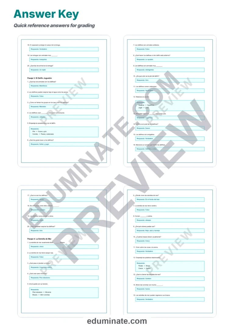 Spanish Ocean Animals Reading Passages – Questions and Answer Key Grades 1-4 sample page 6