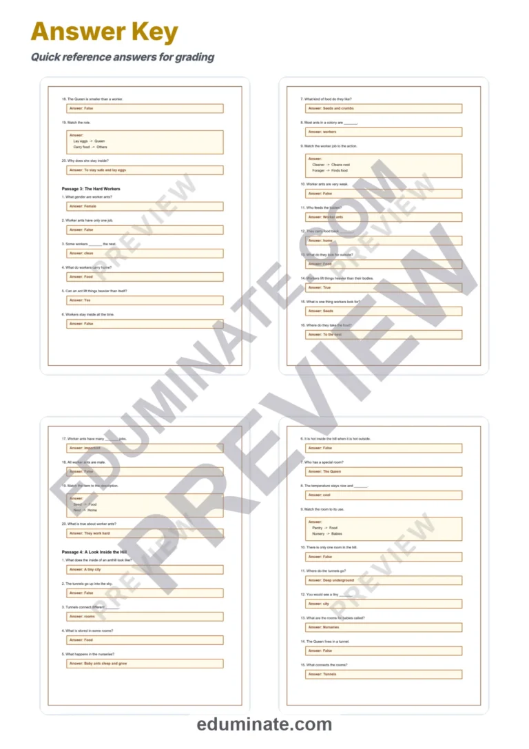 Anthill Colonies Reading Comprehension Passages and Worksheets Grades 1-5 sample page 6