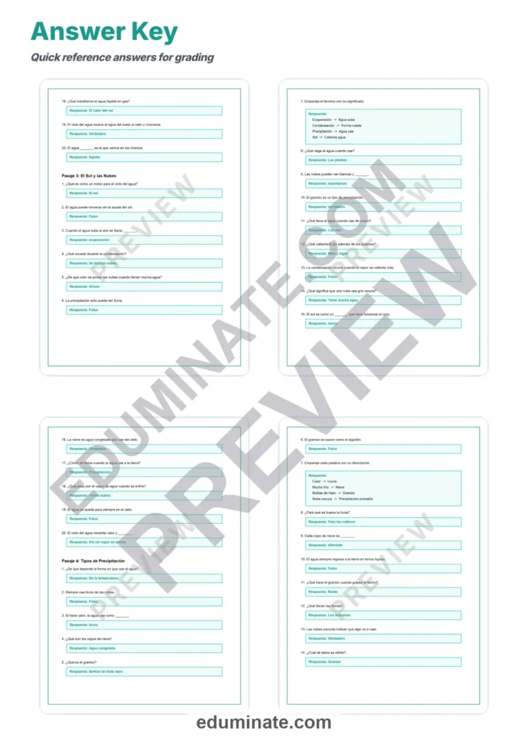 Spanish Water Cycle Reading Passages – Questions and Answer Key Grades 2-6 sample page 6