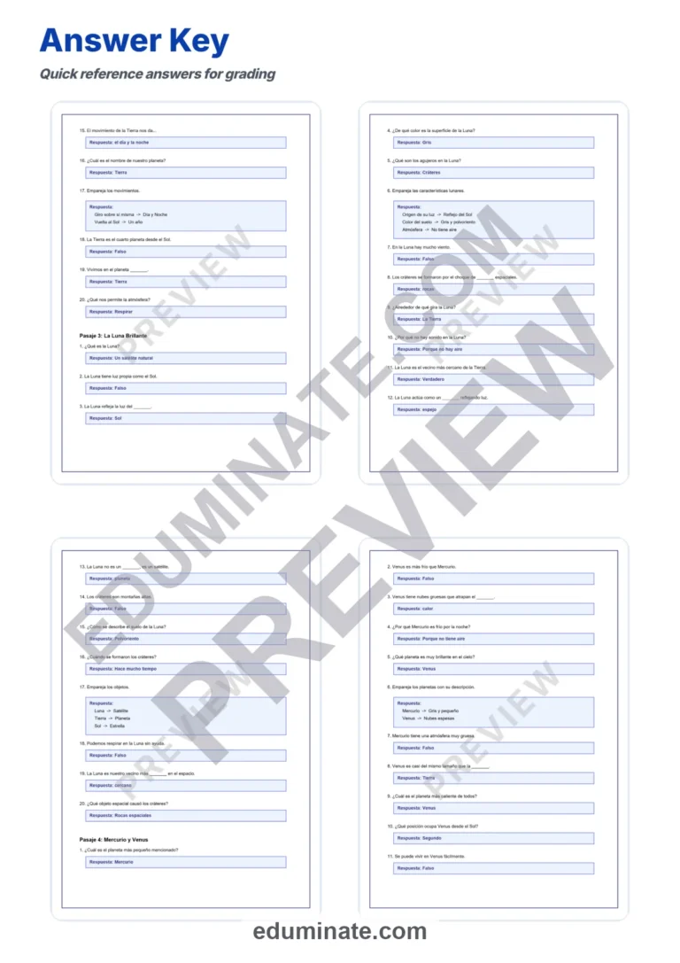 Spanish Solar System Reading Passages – Questions and Answer Key Grades 2-5 sample page 6