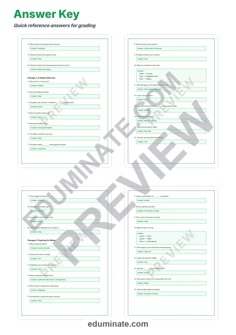 Autumn Leaves Reading Comprehension Passages and Worksheets for Grades 3-5 sample page 6