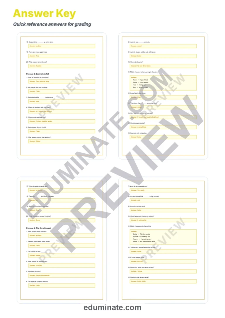 Autumn Reading Comprehension Passages Worksheets Grades 1-8 Autumn Wonders sample page 6