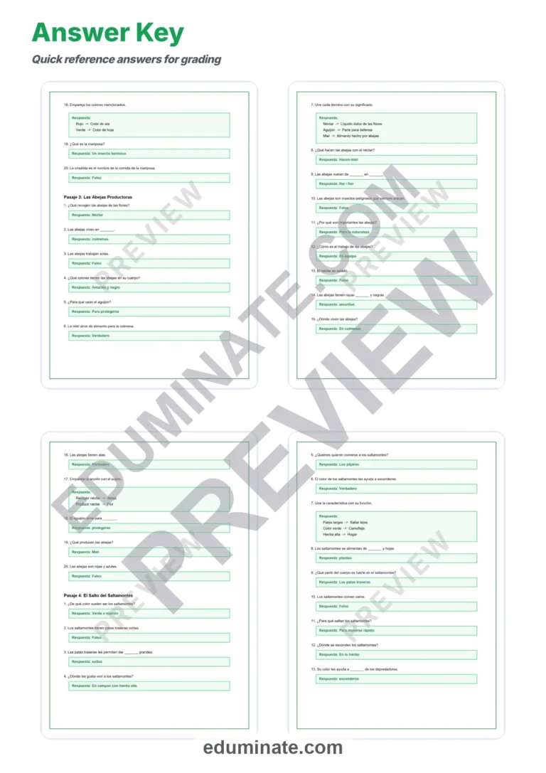 Spanish Insects Reading Passages – Printable Pages with Questions Grades 2-6 sample page 6