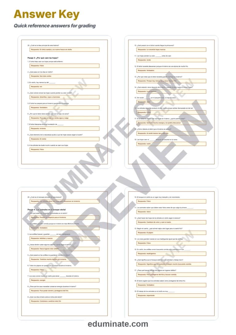 Spanish Fall Reading Comprehension Passages and Worksheets for Grades 1-5 sample page 6