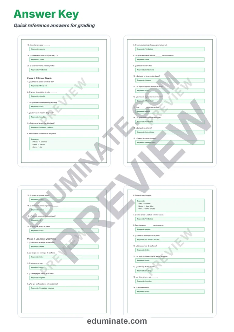 Spanish Plants Reading Passages – Printable Pages with Questions Grades 2-6 sample page 6