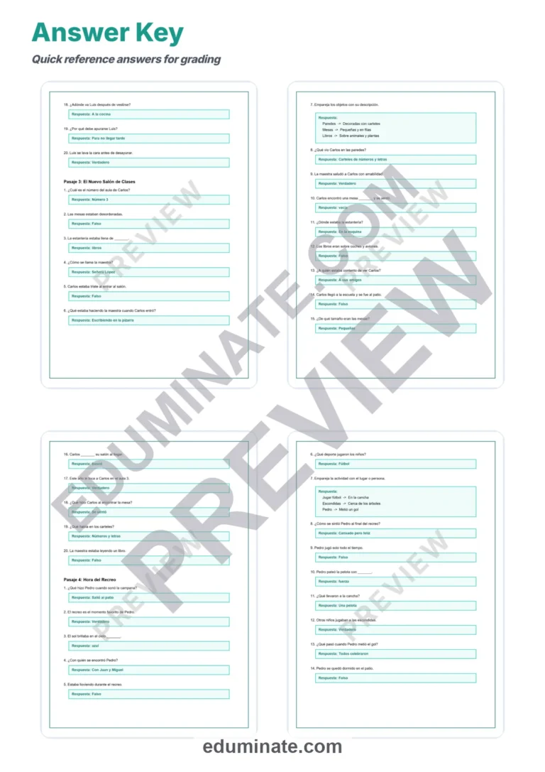 Spanish Back to School Reading Passages – Questions and Answer Key Grades 2-6 sample page 6
