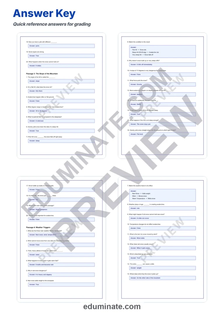 Avalanche Formation Reading Comprehension Passages Worksheets Grades 3-8 Packet sample page 6