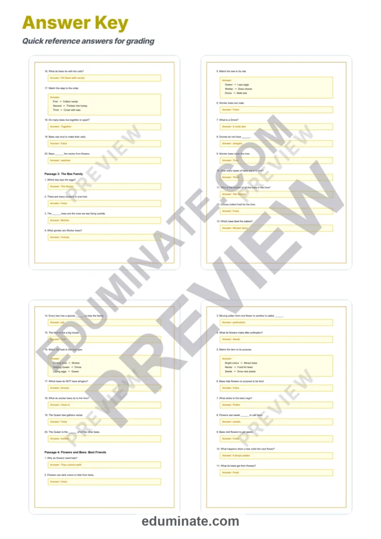 Bees and Pollination Reading Comprehension Passages Worksheets Grades 2-6 Pages sample page 6