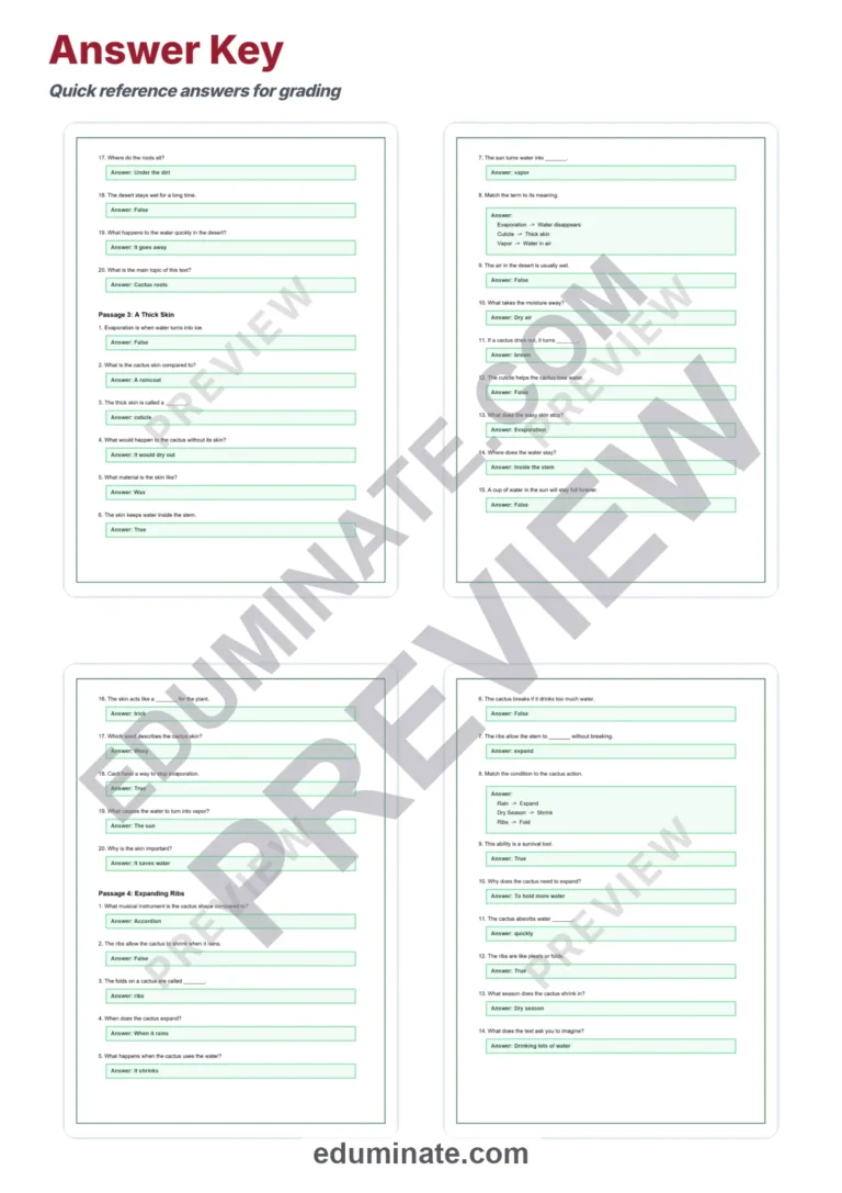 Cactus Adaptations Reading Comprehension Passages Worksheets Grades 2-8 Pages sample page 6