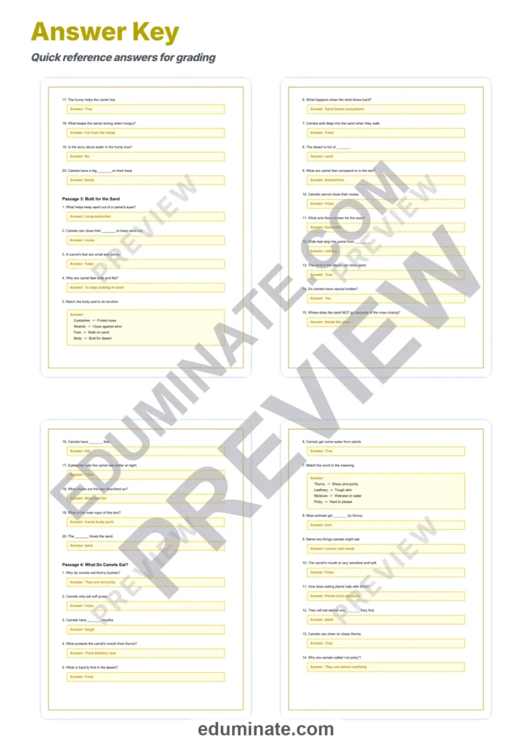 Camels and Desert Life Reading Comprehension Passages Worksheets Grades 2-6 sample page 6