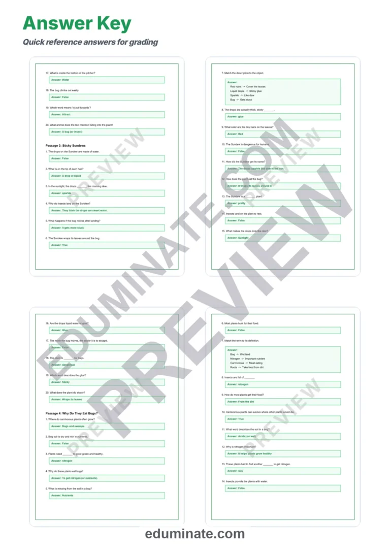 Carnivorous Plants Worksheets: Reading Passages with Answer Keys, Grades 2-6 sample page 6