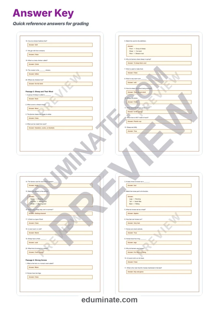 Farm Animals Reading Comprehension Passages and Questions for Grades 1 to 5 sample page 6