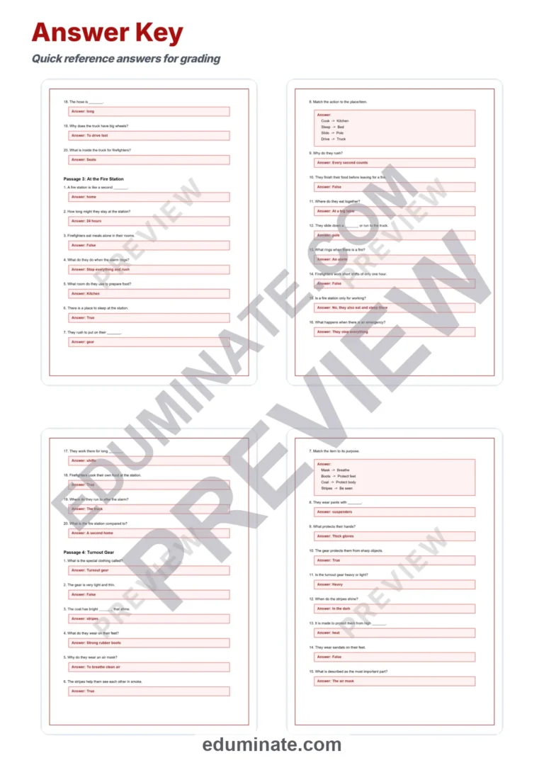 Firefighter Reading Comprehension Passages and Questions for Grades 1 to 5 sample page 6