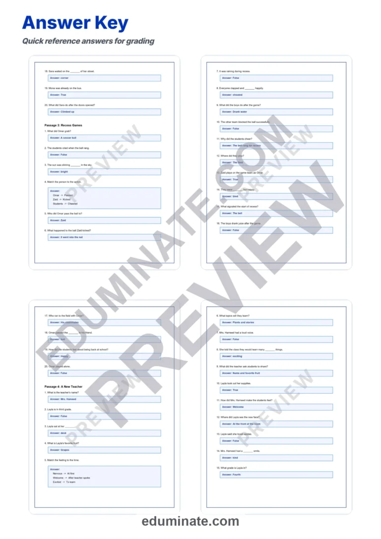 First Day of School Reading Comprehension Passages and Questions Grades 1-10 sample page 6