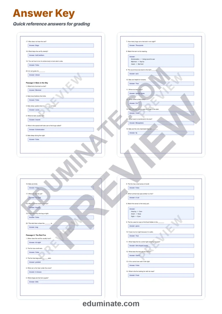 Nocturnal Animals Reading Comprehension Passages and Questions Grades 2-6 sample page 6