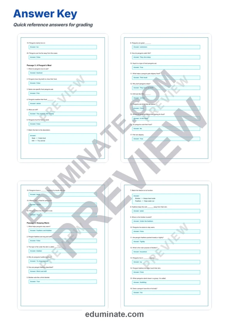 Penguin Reading Comprehension Passages Science Worksheets for 1st to 5th Grade sample page 6