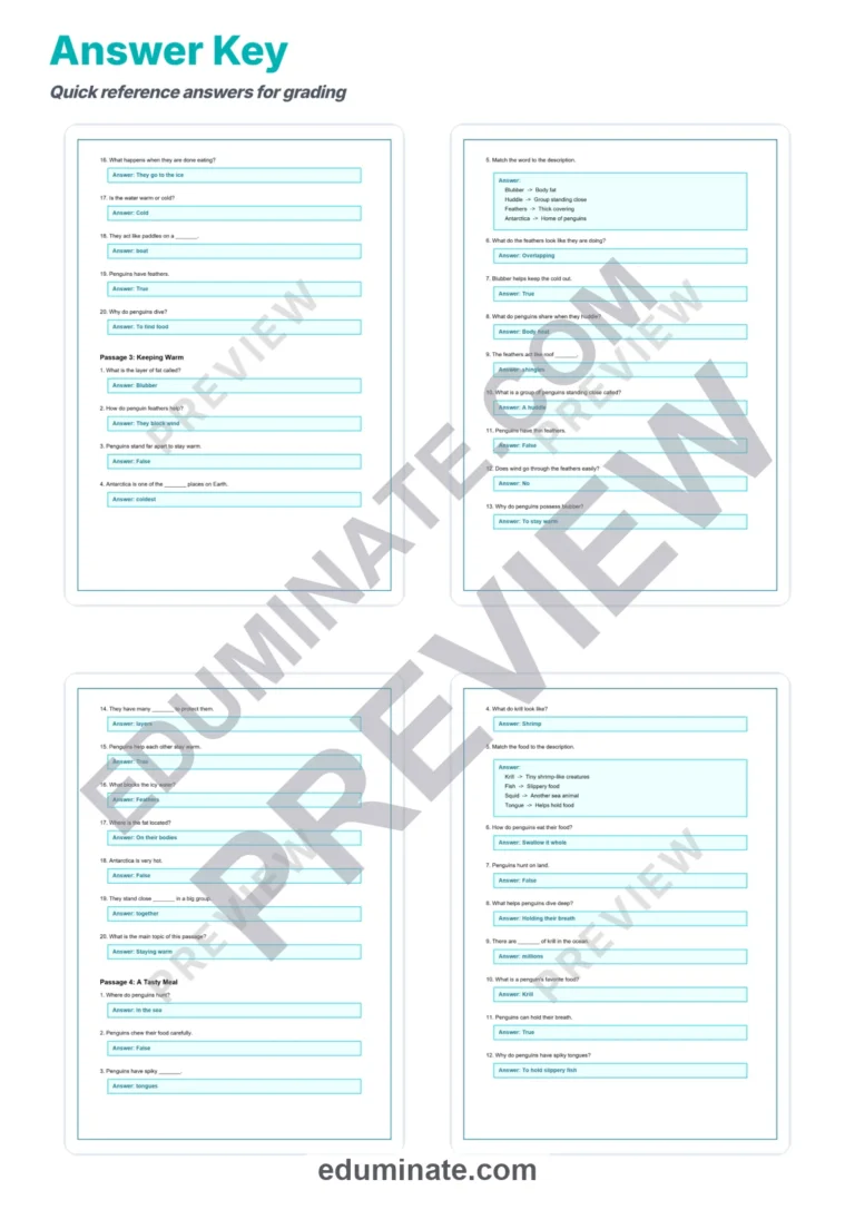 Penguins in Antarctica Reading Comprehension Passages Worksheets 1st 5th Grade sample page 6