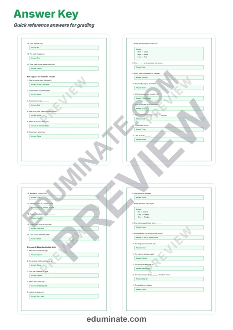 Rainforest Animals Reading Comprehension Passages Jungle Worksheets 1st 5th sample page 6