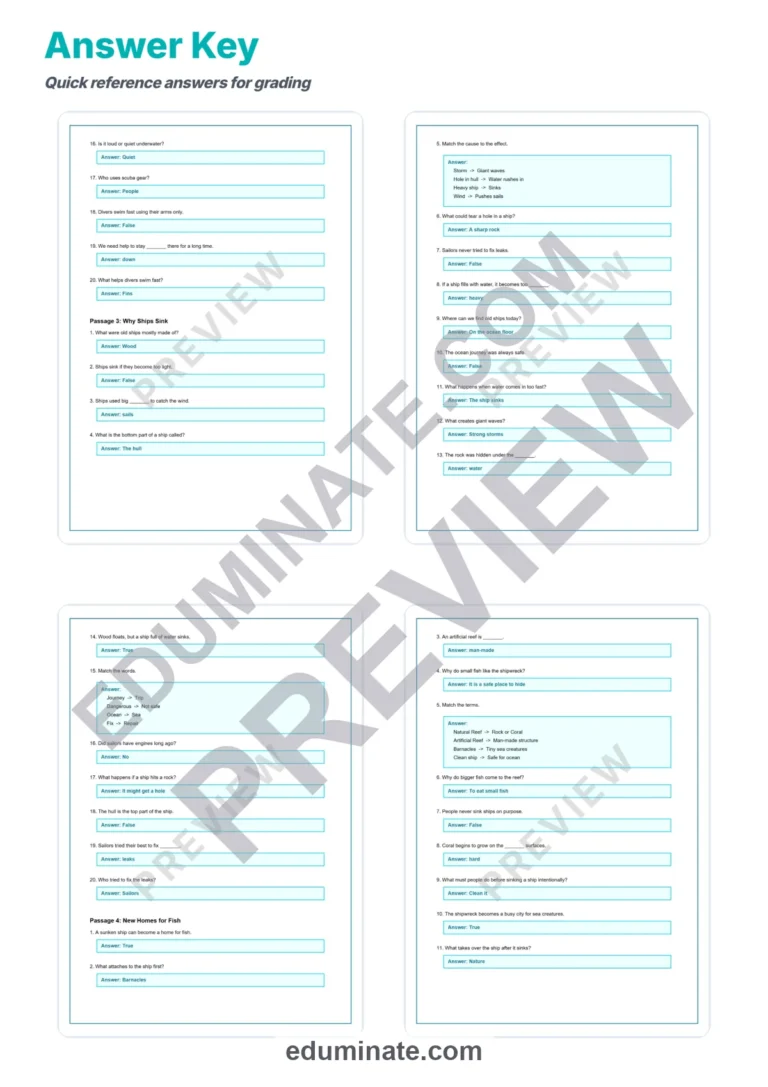 Shipwrecks and Underwater Exploration Reading Passages Worksheets 3rd 7th Grade sample page 6