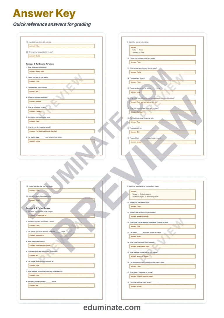 Reptiles Worksheets: Reading Comprehension Passages with Answer Keys, Grades 2-6 sample page 6