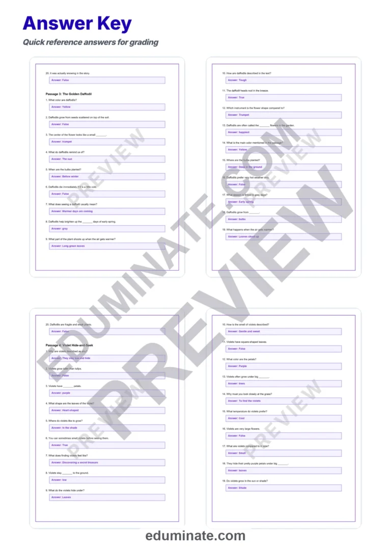 Flowers Worksheets: Reading Comprehension Passages with Answer Keys, Grades 1-5 sample page 6