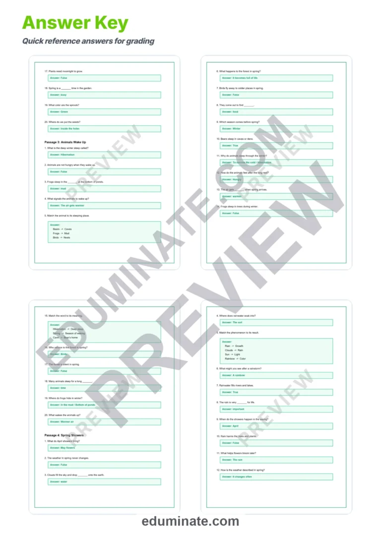 Spring Worksheets: Reading Comprehension Passages with Answer Keys, Grades 1-8 sample page 6