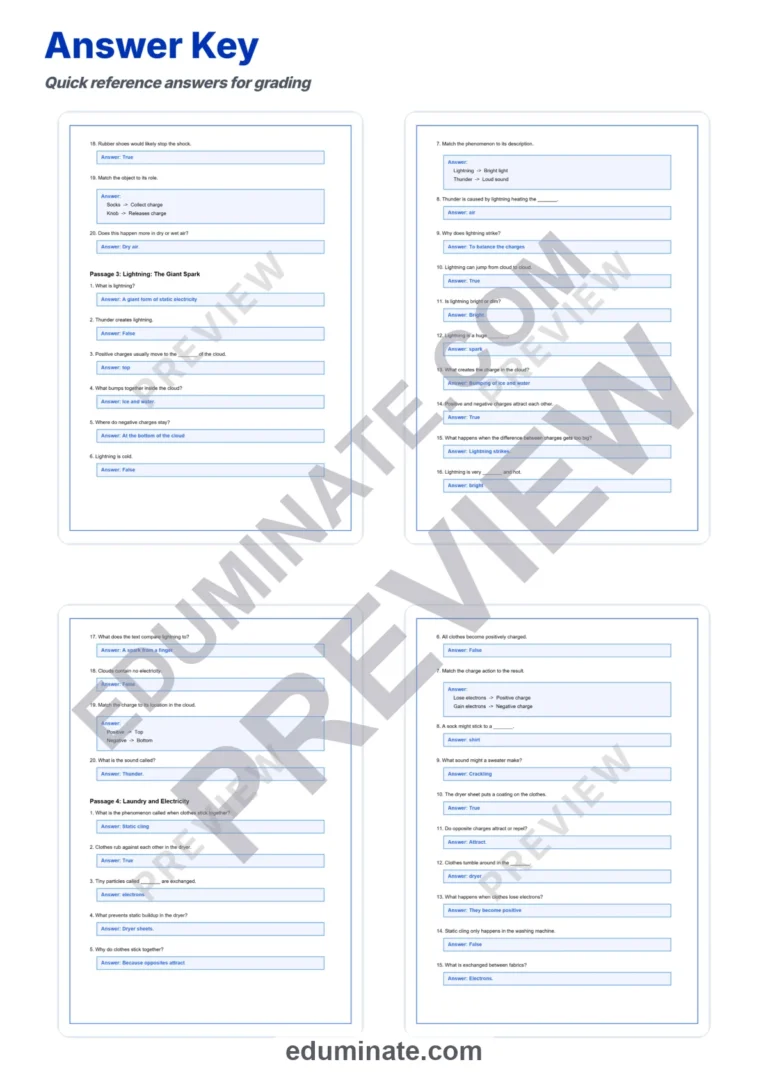 Static Electricity Worksheets: Reading Passages with Answer Keys, Grades 3-7 sample page 6