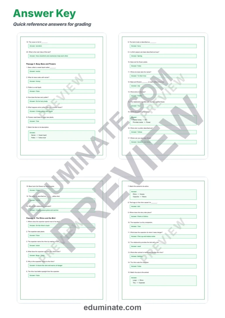 Symbiotic Relationships Reading Comprehension Passages Worksheets Grades 3 to 7 sample page 6