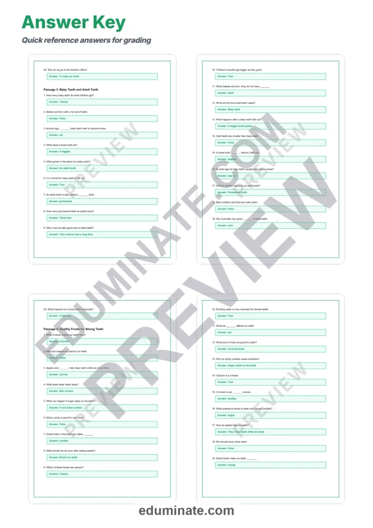 Teeth and Dental Health Reading Comprehension Passages Worksheets 1st-5th Grade sample page 6