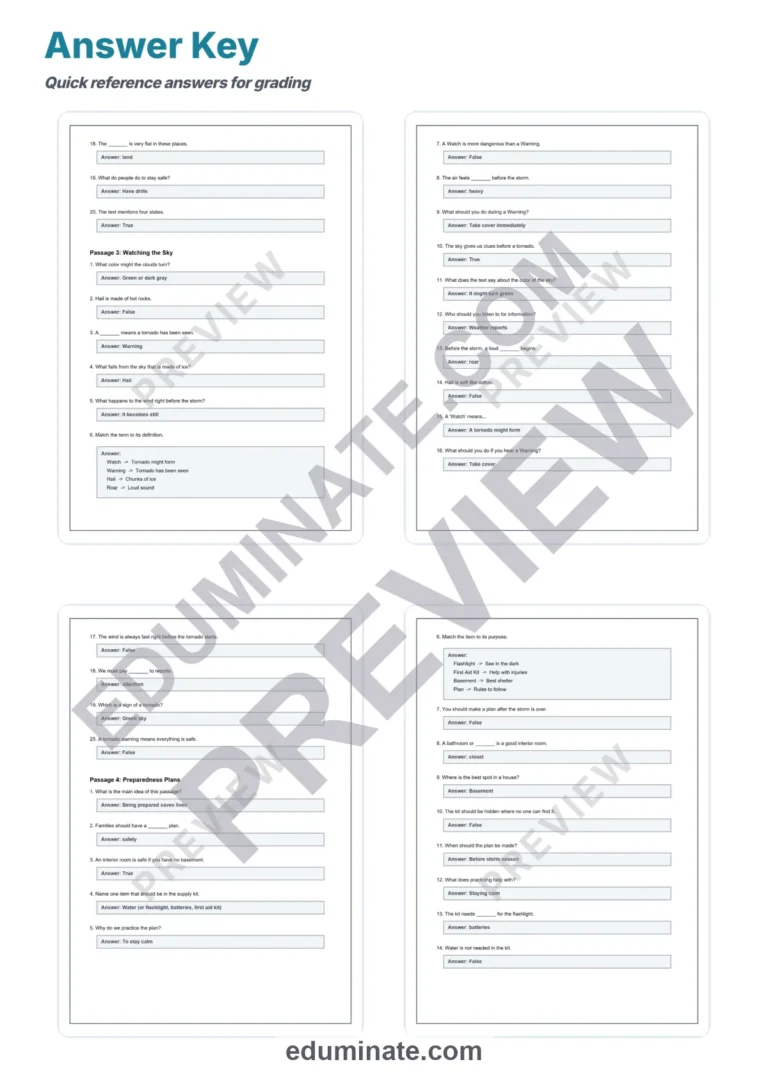 Tornado Worksheets: Reading Comprehension Passages with Answer Keys, Grades 3-8 sample page 6