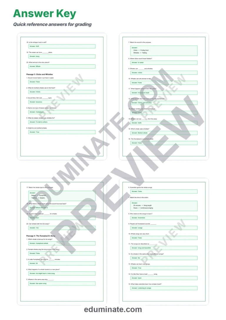 Whale Reading Comprehension Passages and Worksheets with Answer Keys, Grades 2-6 sample page 6