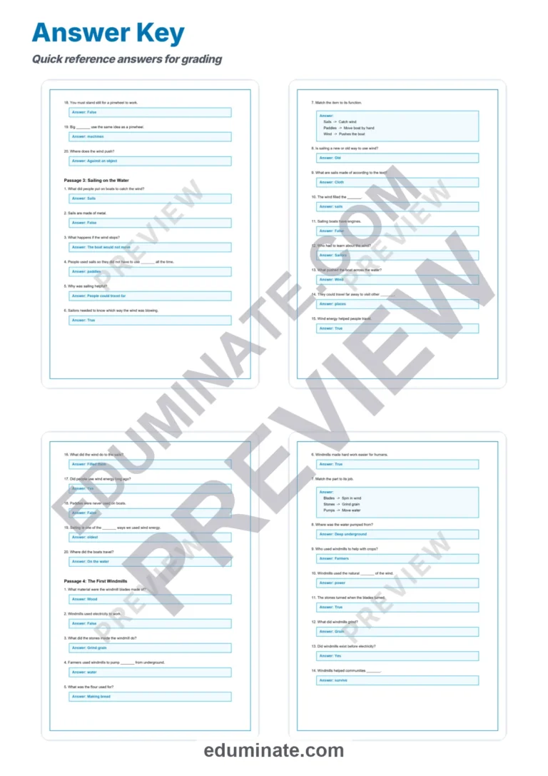 Wind Power Worksheets: Wind Energy Reading Passages with Answer Keys, Grades 2-8 sample page 6